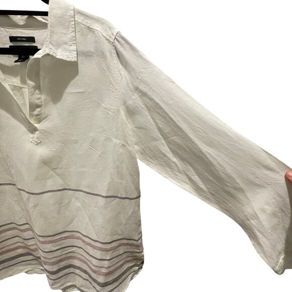 Tahari Linen Tunic Top L Striped Long Sleeve V-Neck Preppy Coastal Boho - Picture 9 of 14